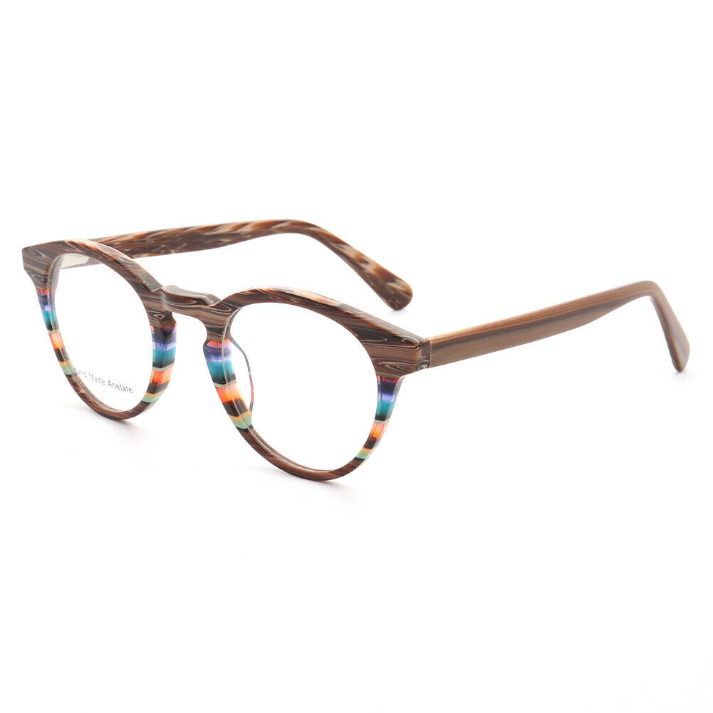 A pair of colorful striped acetate eyeglasses