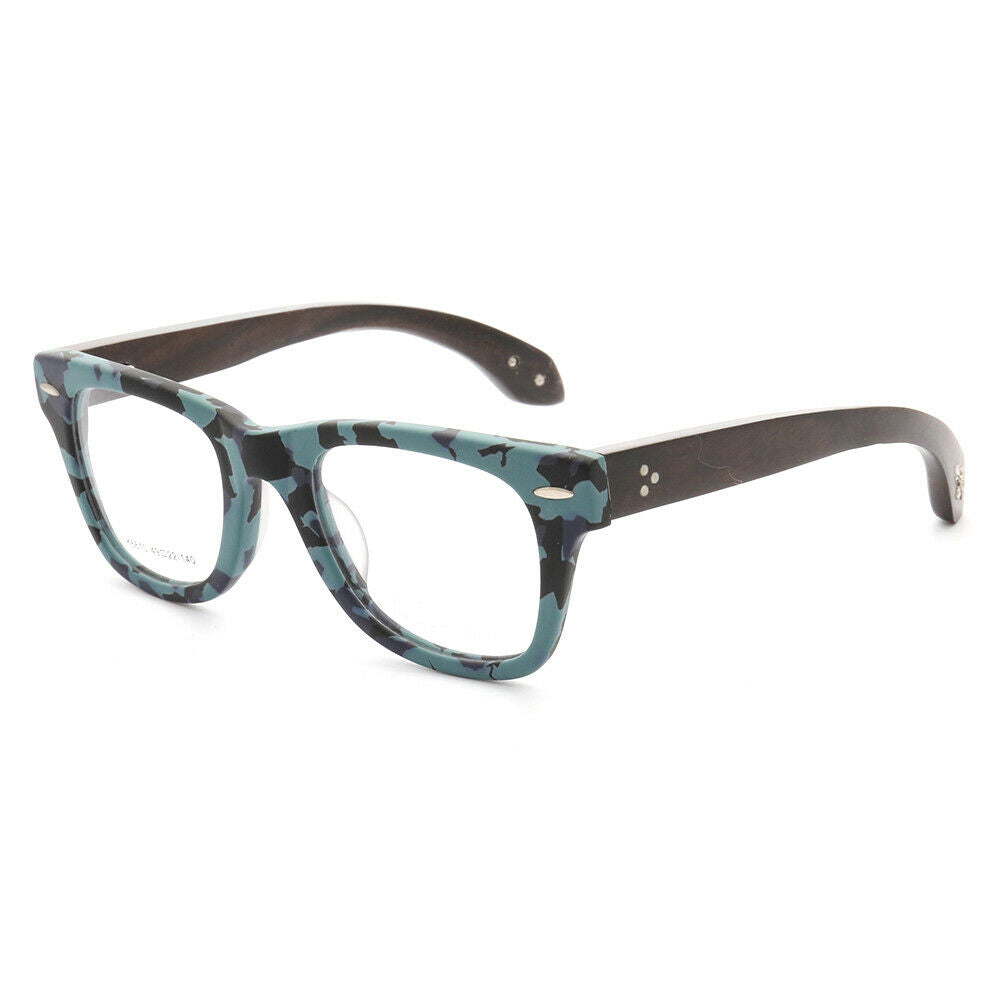 A pair of blue camouflage wooden eyeglasses