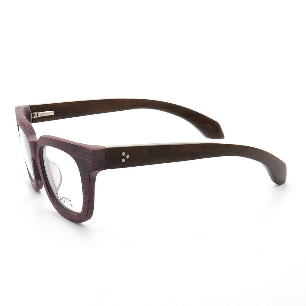 Side view of cherry colored oversized wooden eyeglass frames