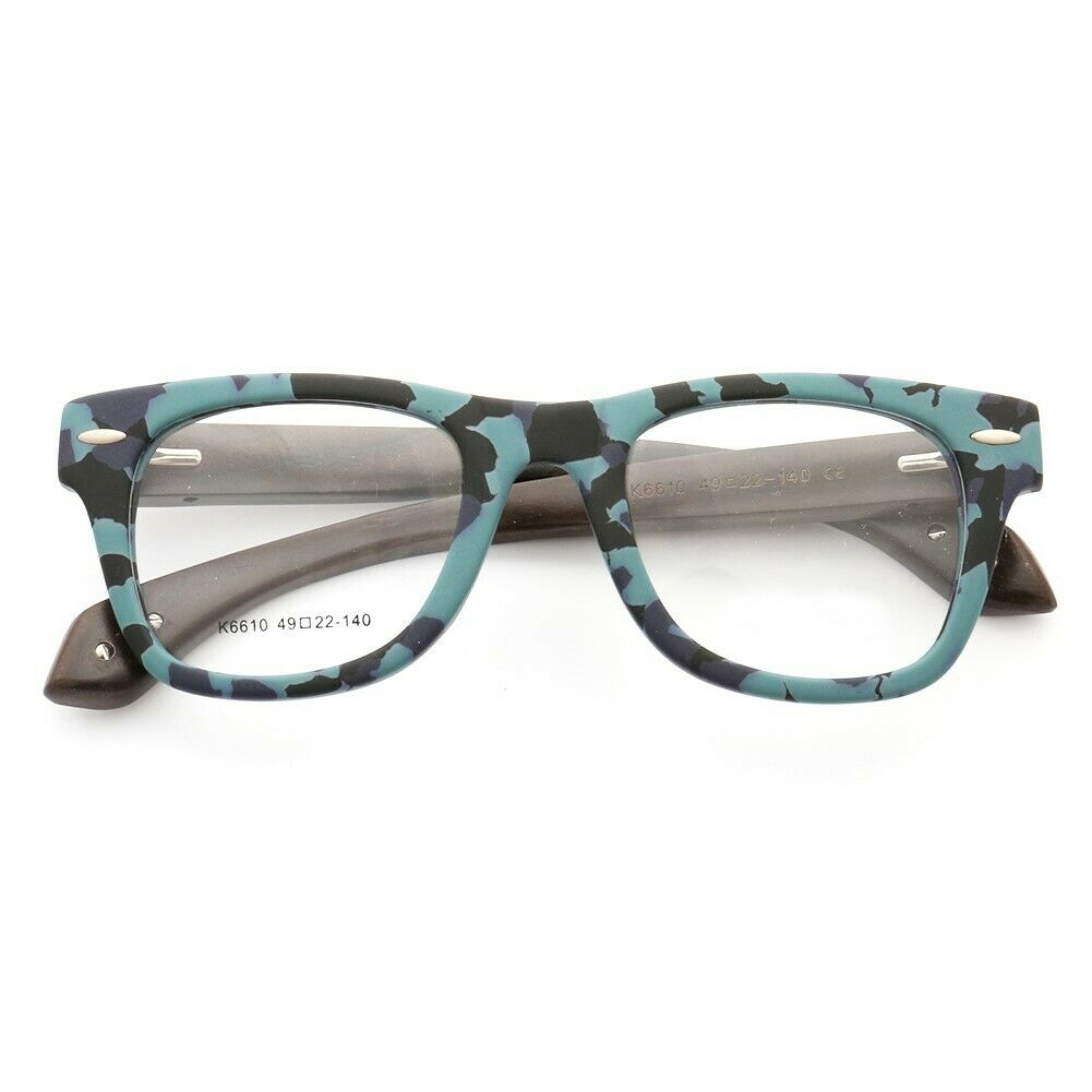 Front view of blue camouflage wooden eyeglasses