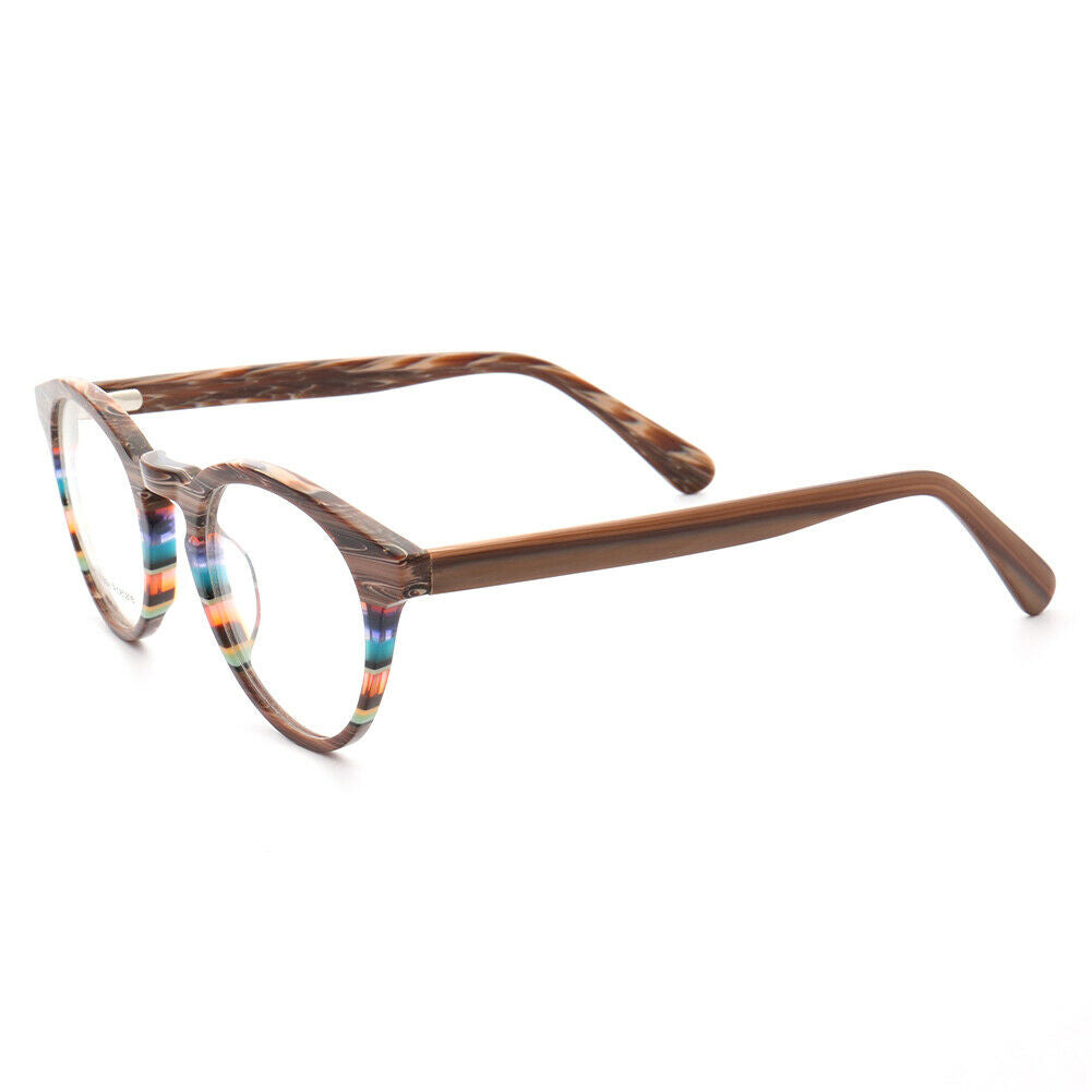 Side view of colorful striped acetate eyeglasses