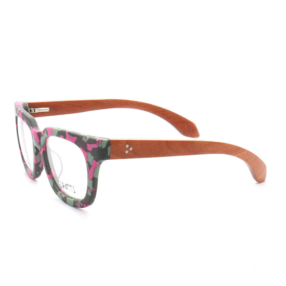 Side view of pink camo oversized wooden eyeglass frames