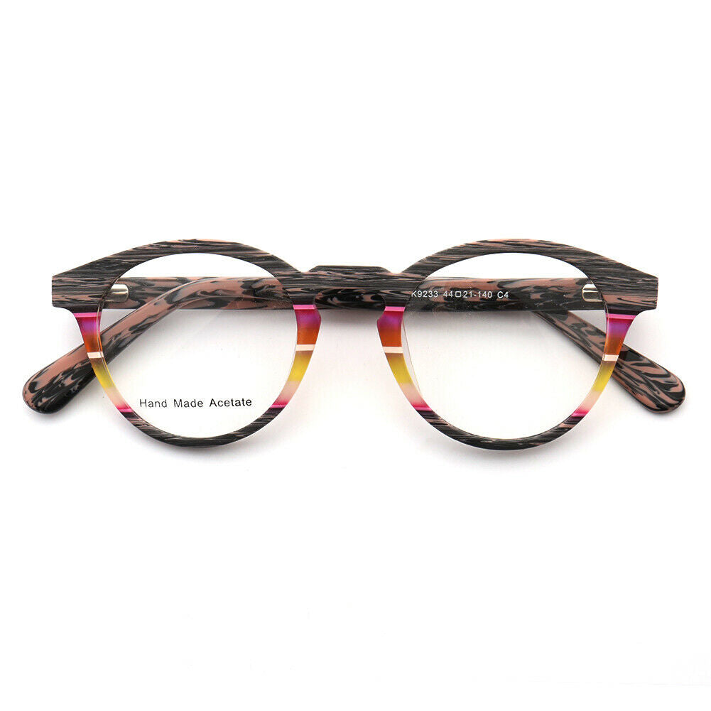 Front view of wood grain striped eyeglasses