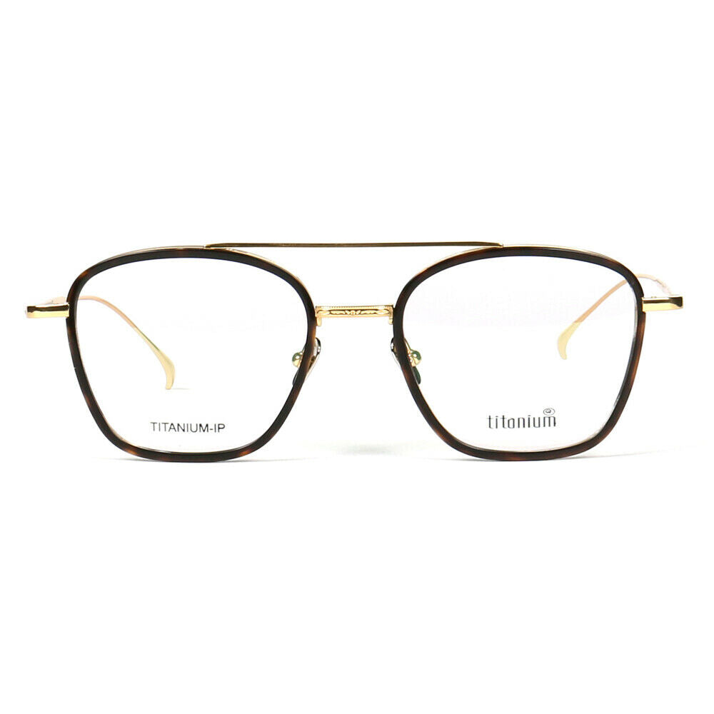 A front view of black and gold titanium eyeglasses