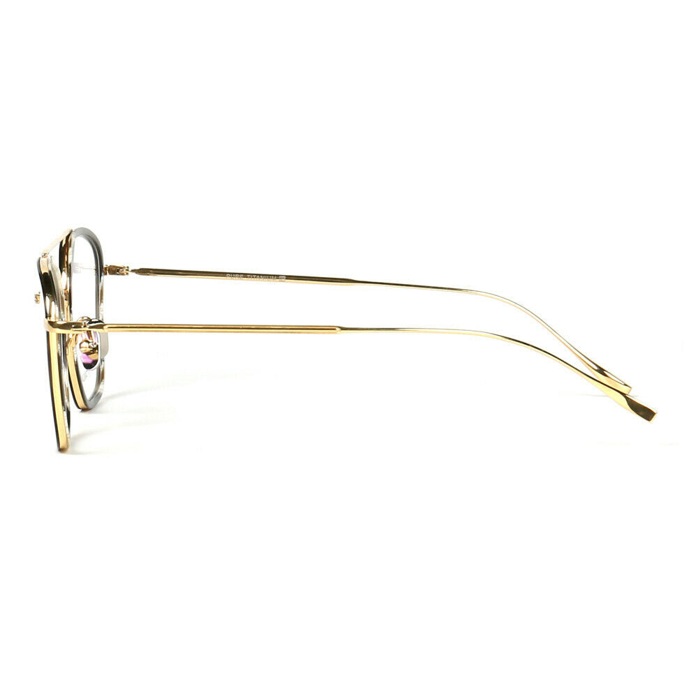 Side view of thin black and gold titanium eyeglasses