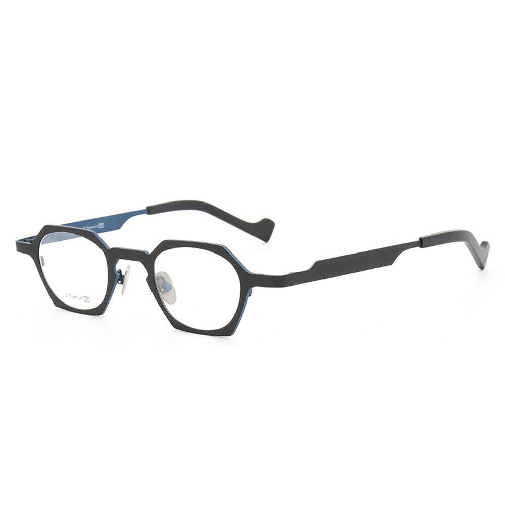 Side view of black and blue octagon shaped eyeglasses