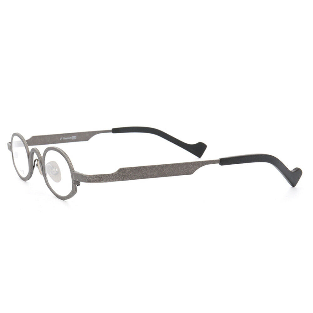 Side view of oval grey titanium glasses