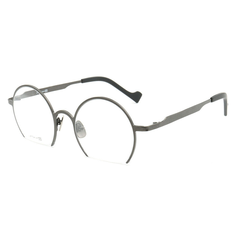 Side view of silver half rim eyeglasses