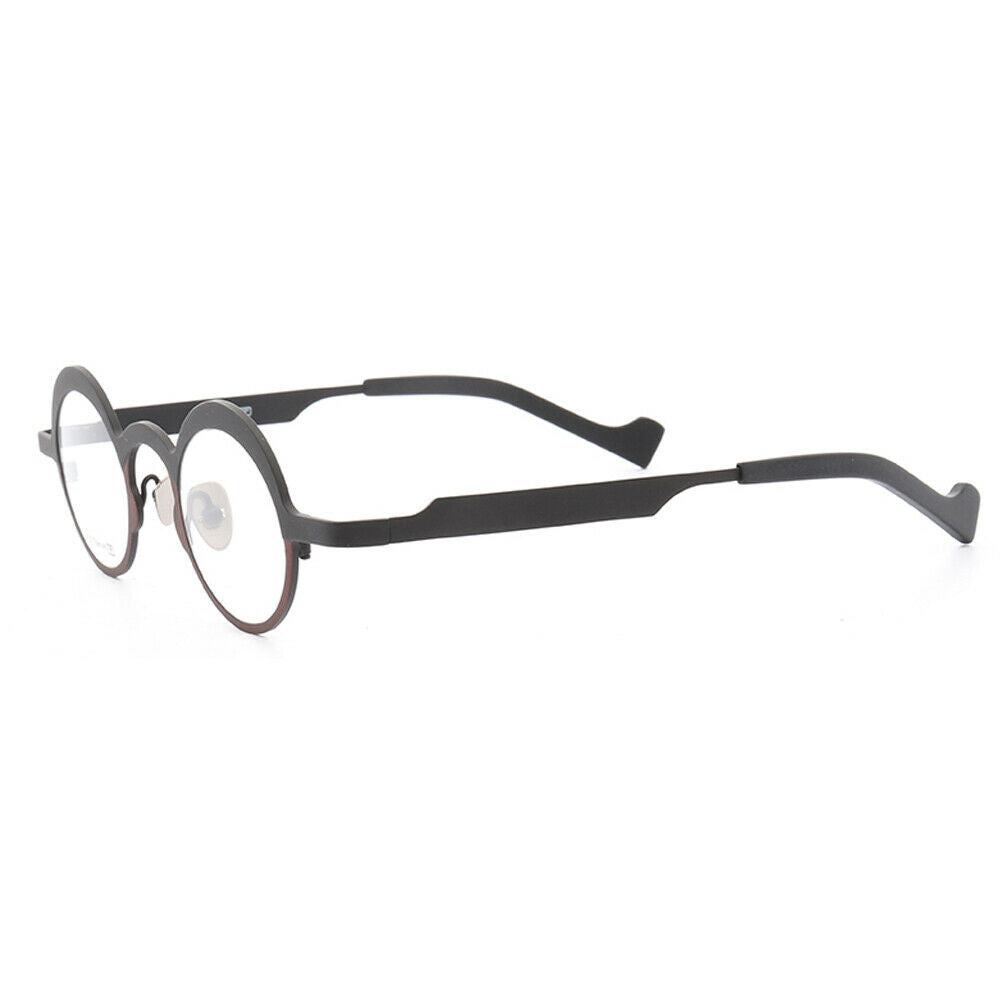 Side view of brown and black round titanium eyeglasses