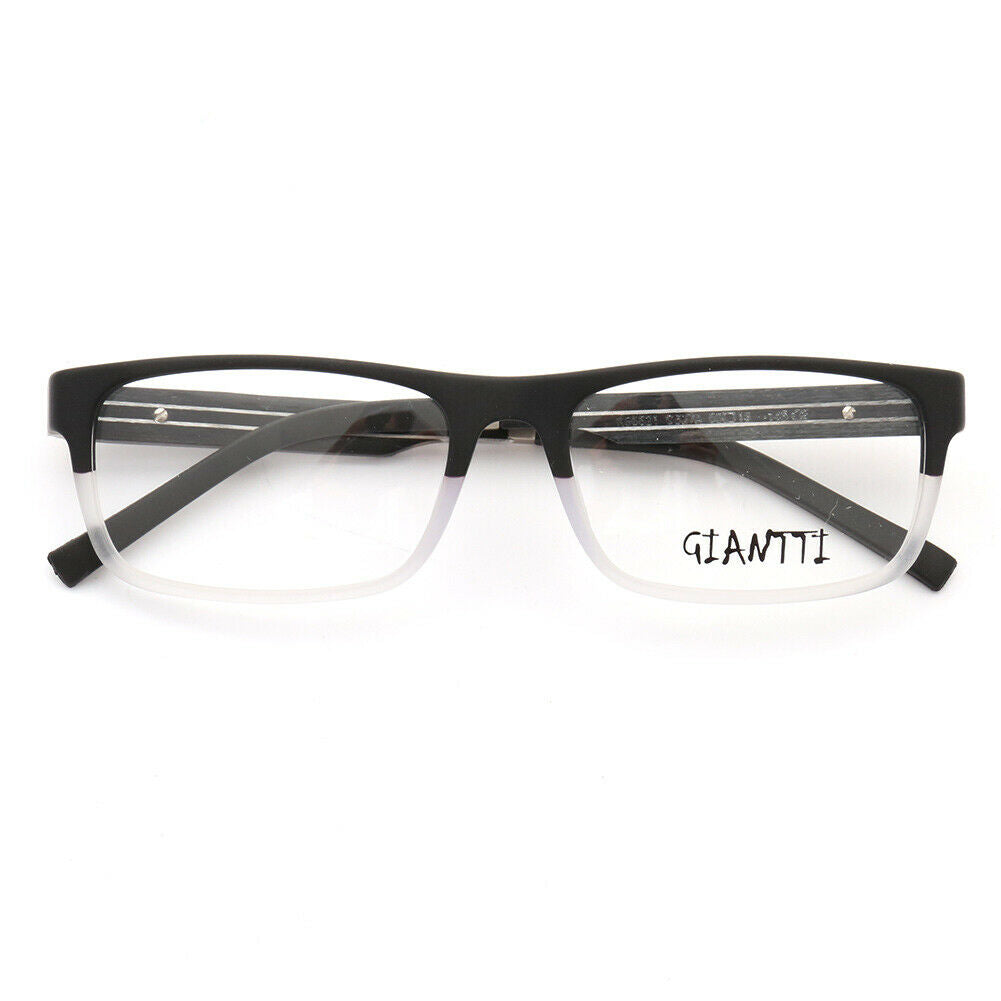 front view of black and clear wooden eyeglasses