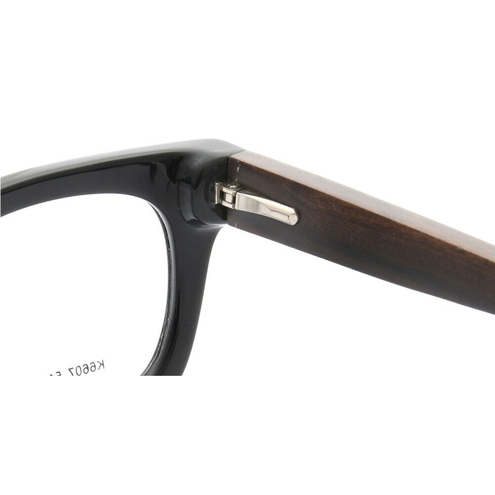 Hinge of black oversized wooden eyeglass frames