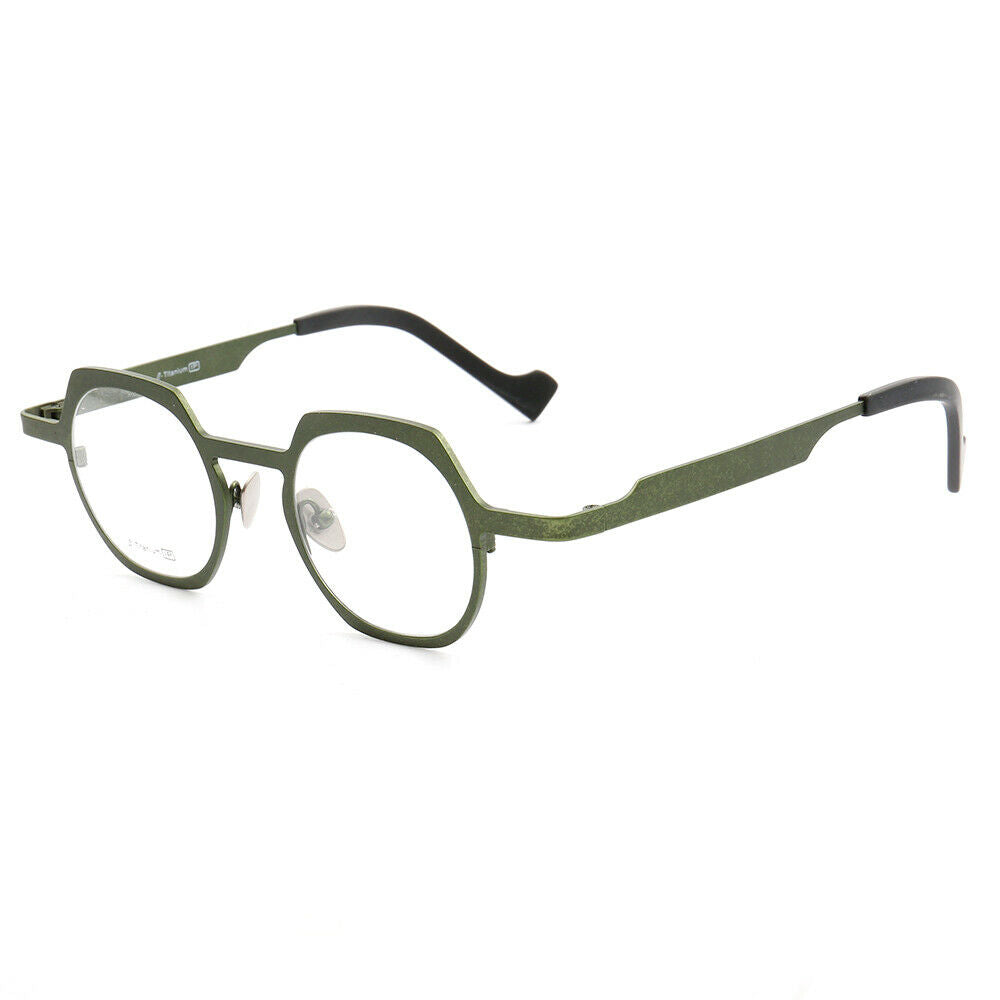 Side view of green round titanium eyeglass frames