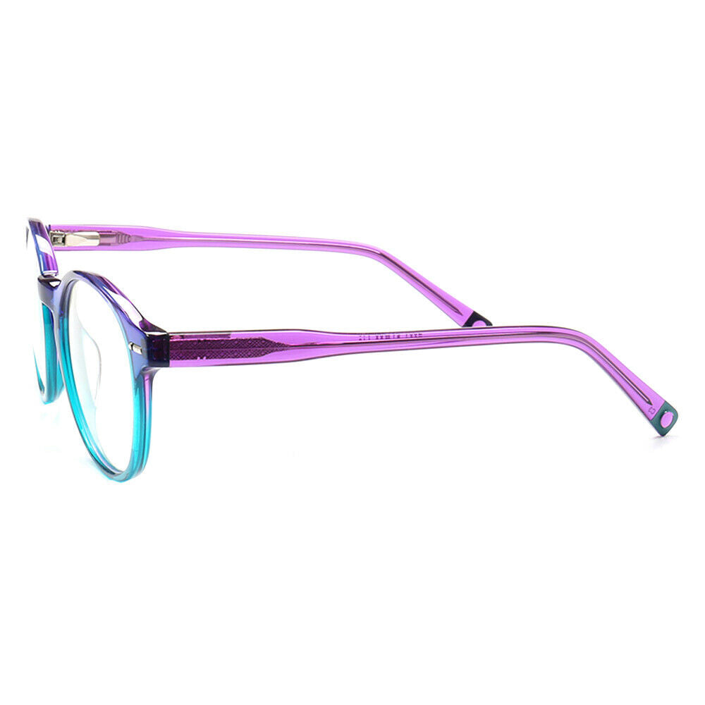 Side view of blue and purple round glasses frames