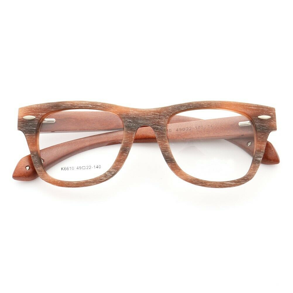 Front view of auburn colored wooden eyeglasses