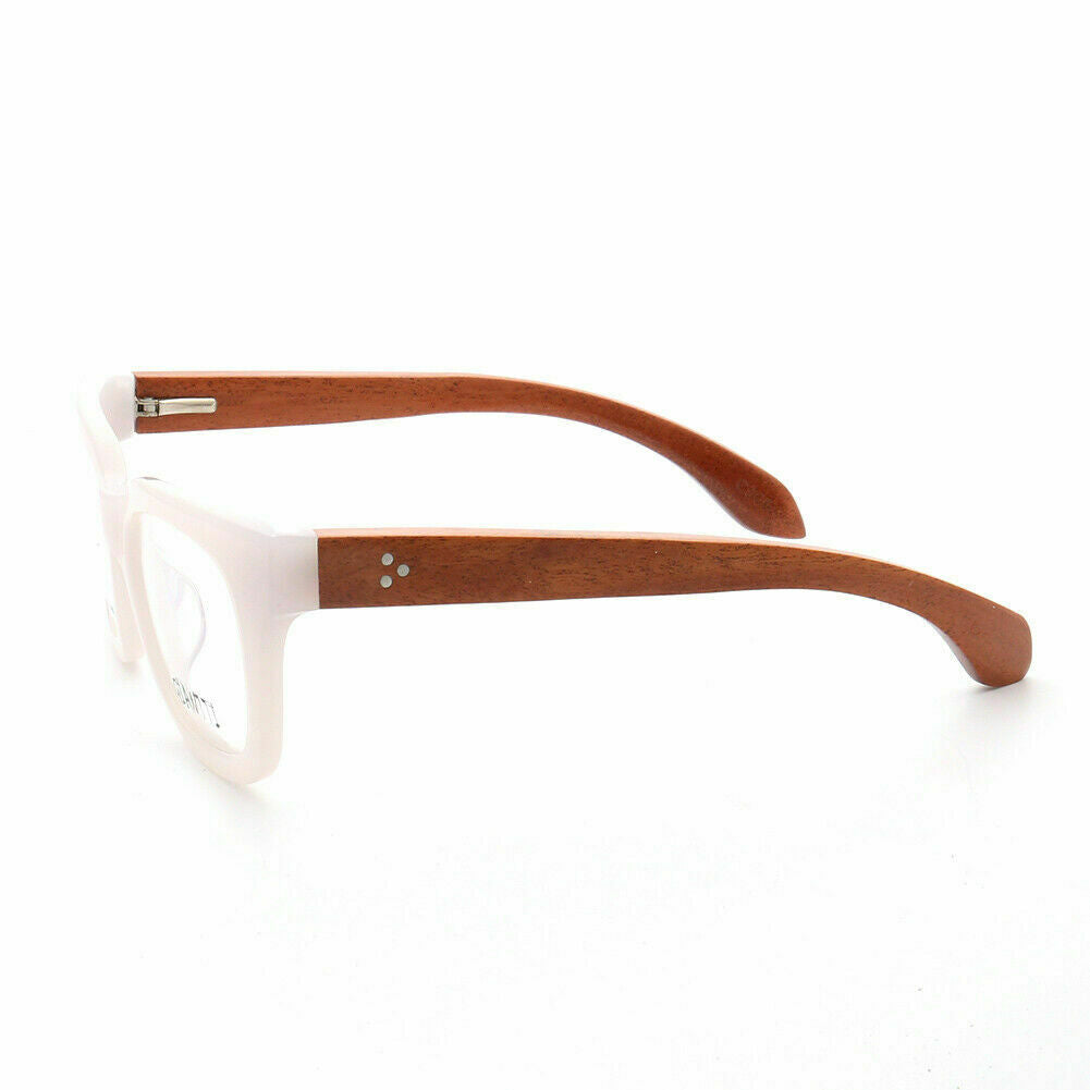 Side view of white oversized wooden eyeglasses