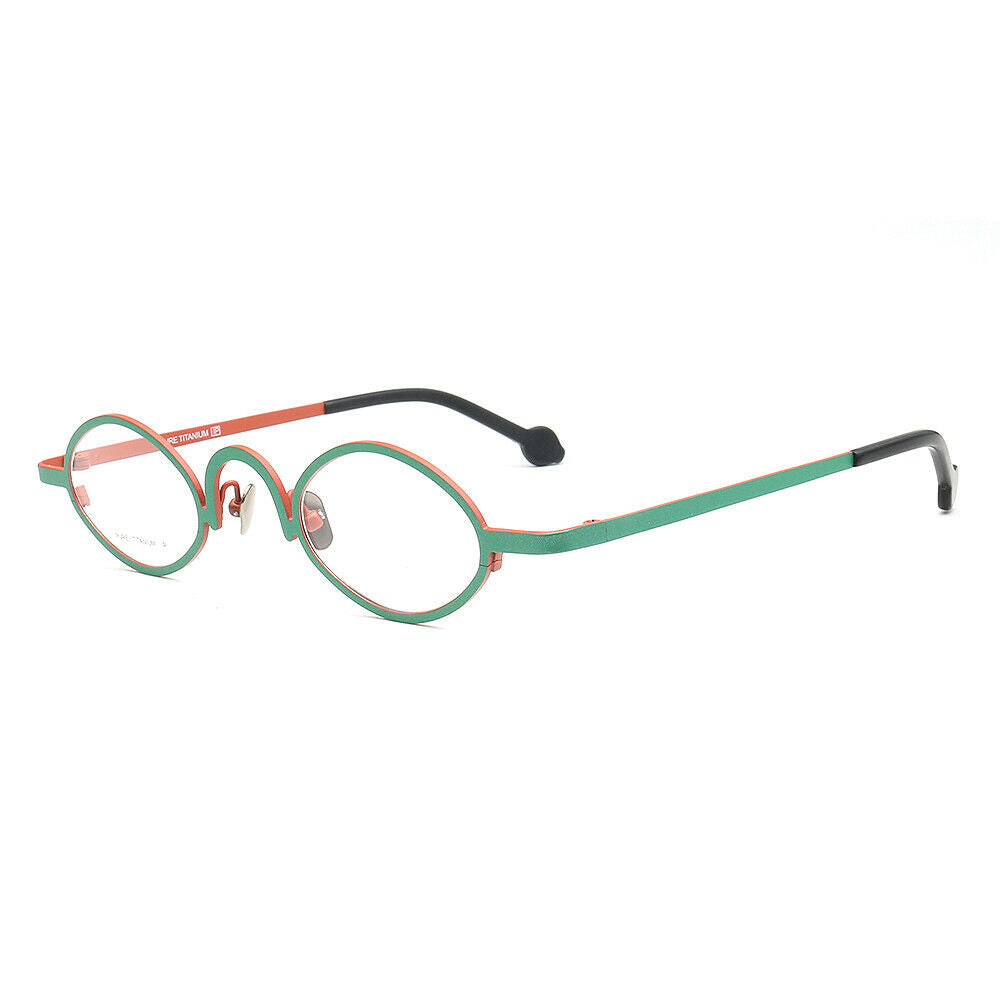 Side view of teal oval titanium eyeglasses