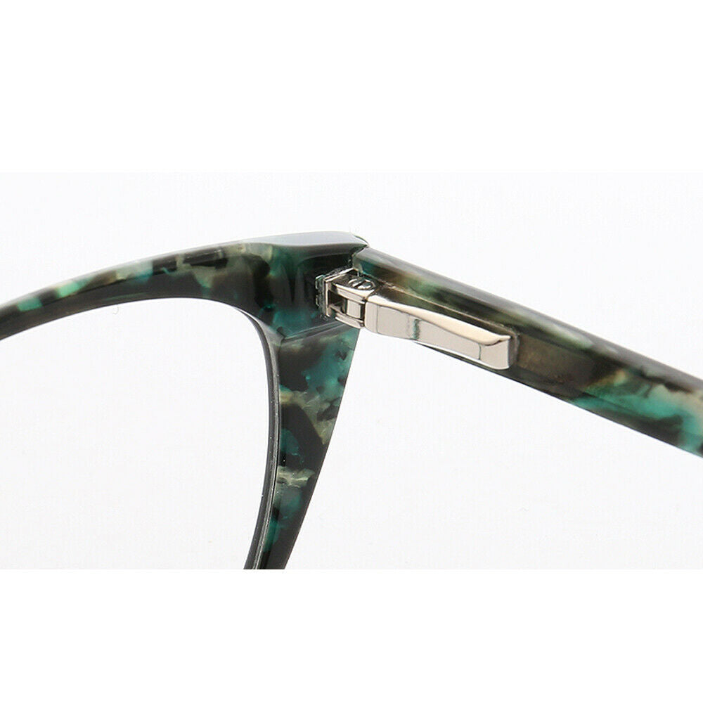 Hinge of aqua colored cat eye glasses