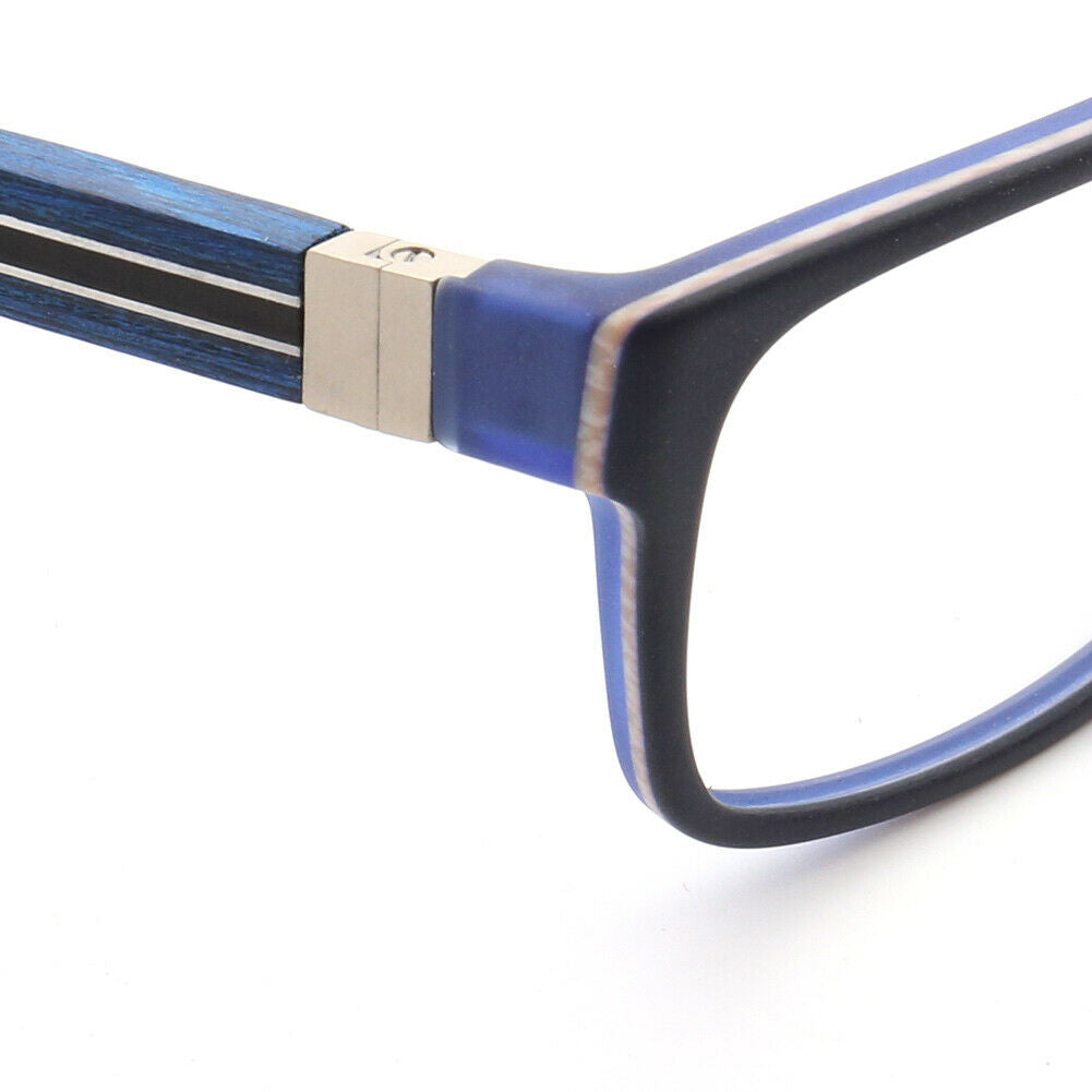 Temple of blue wooden eyeglasses