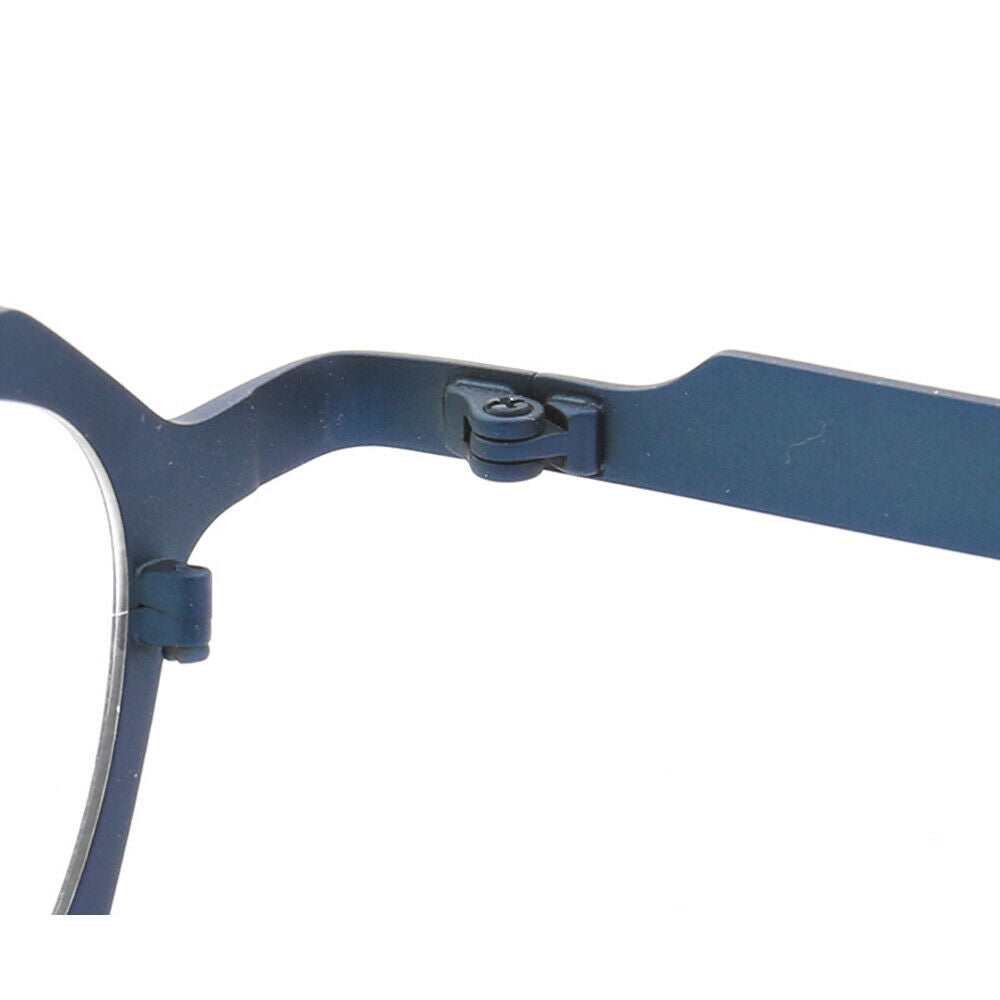 Inner hinge of blue octagon shaped eyeglasses