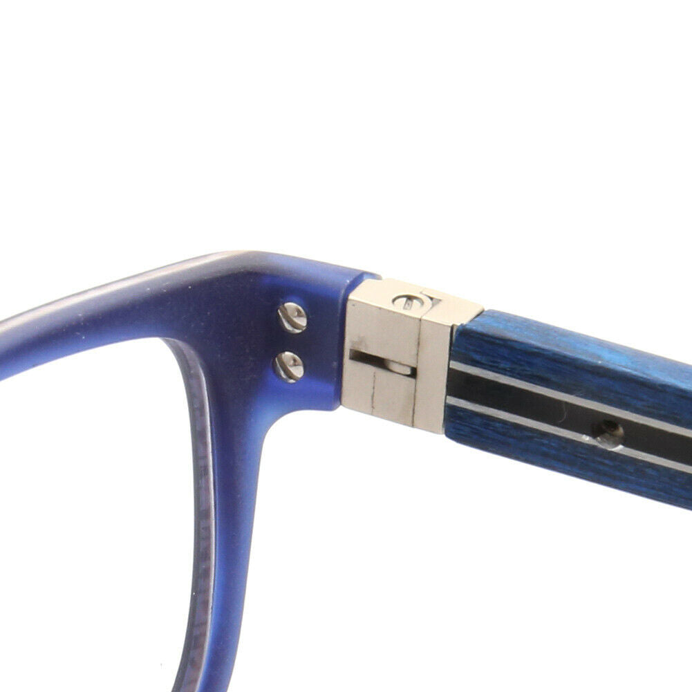 Inner hinge of blue wooden eyeglasses