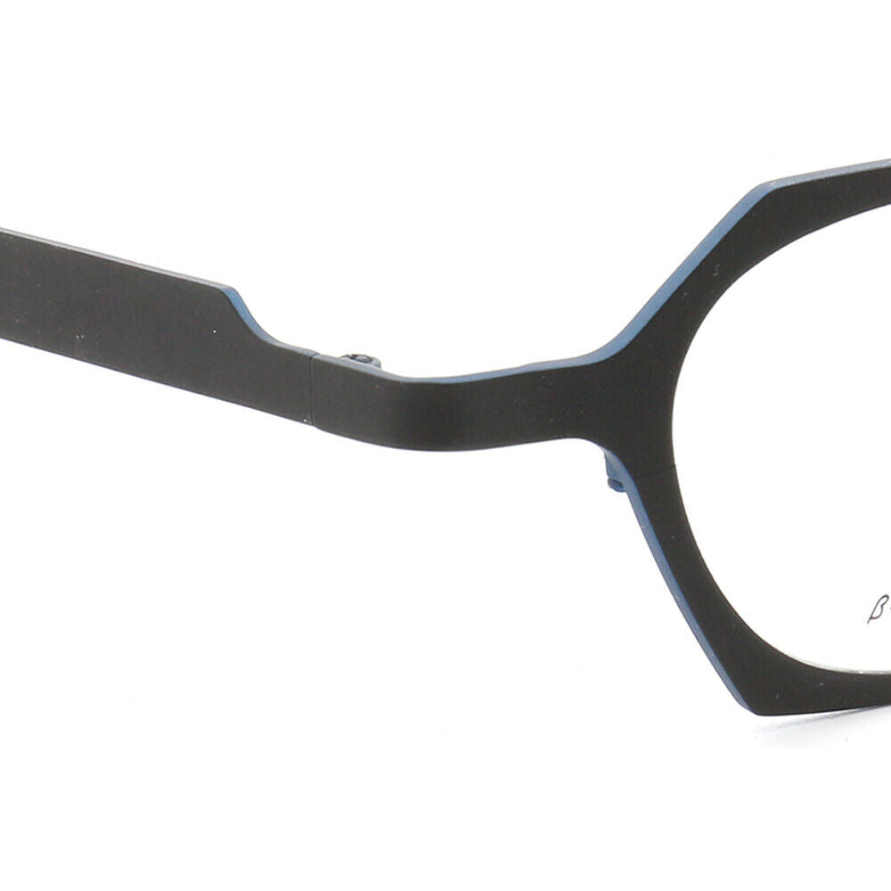 Temple of black and blue octagon shaped eyeglasses