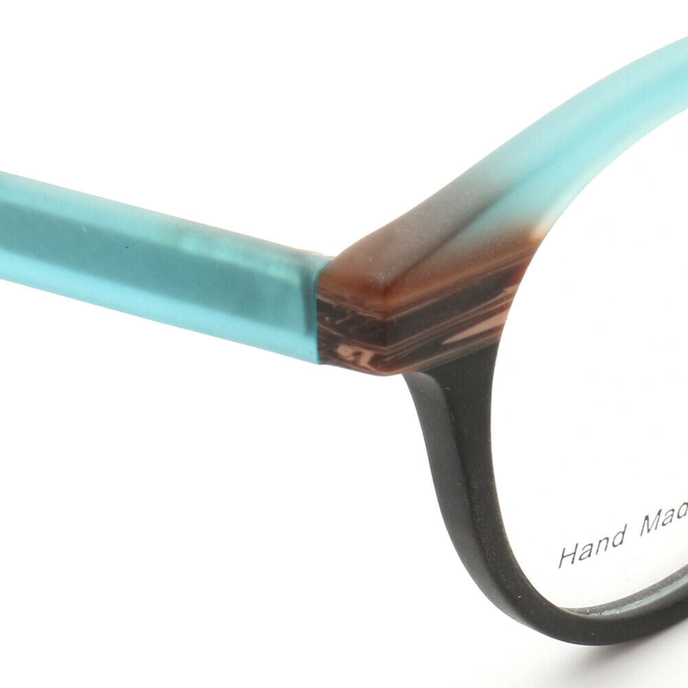 Temple of blue and brown acetate eyeglasses