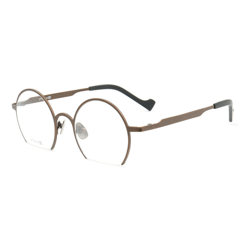 Side view of round bronze half rim eyeglasses