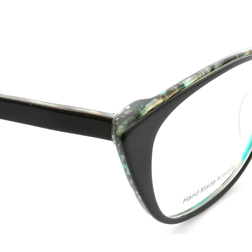 Temple of aqua colored cat eye glasses