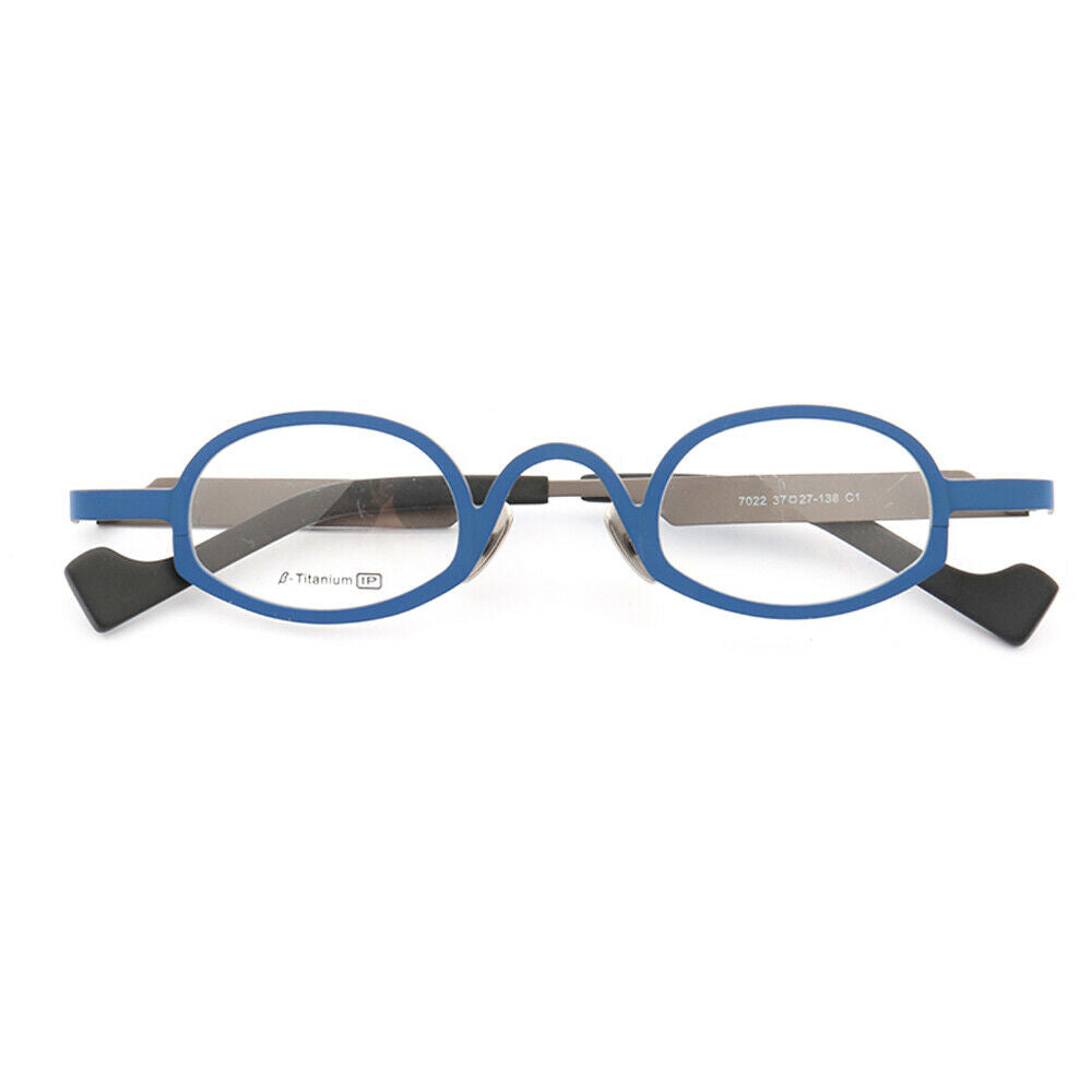 Front view of blue oval titanium glasses