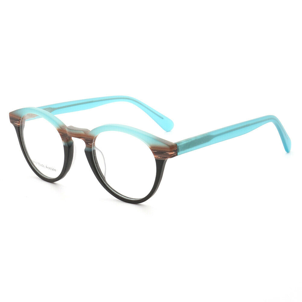 A pair of blue and brown acetate eyeglasses