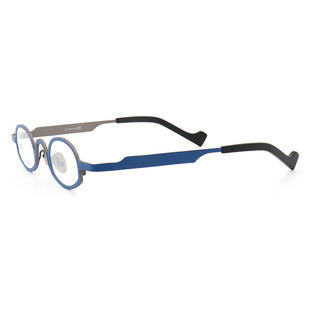 Side view of blue oval titanium eyeglasses