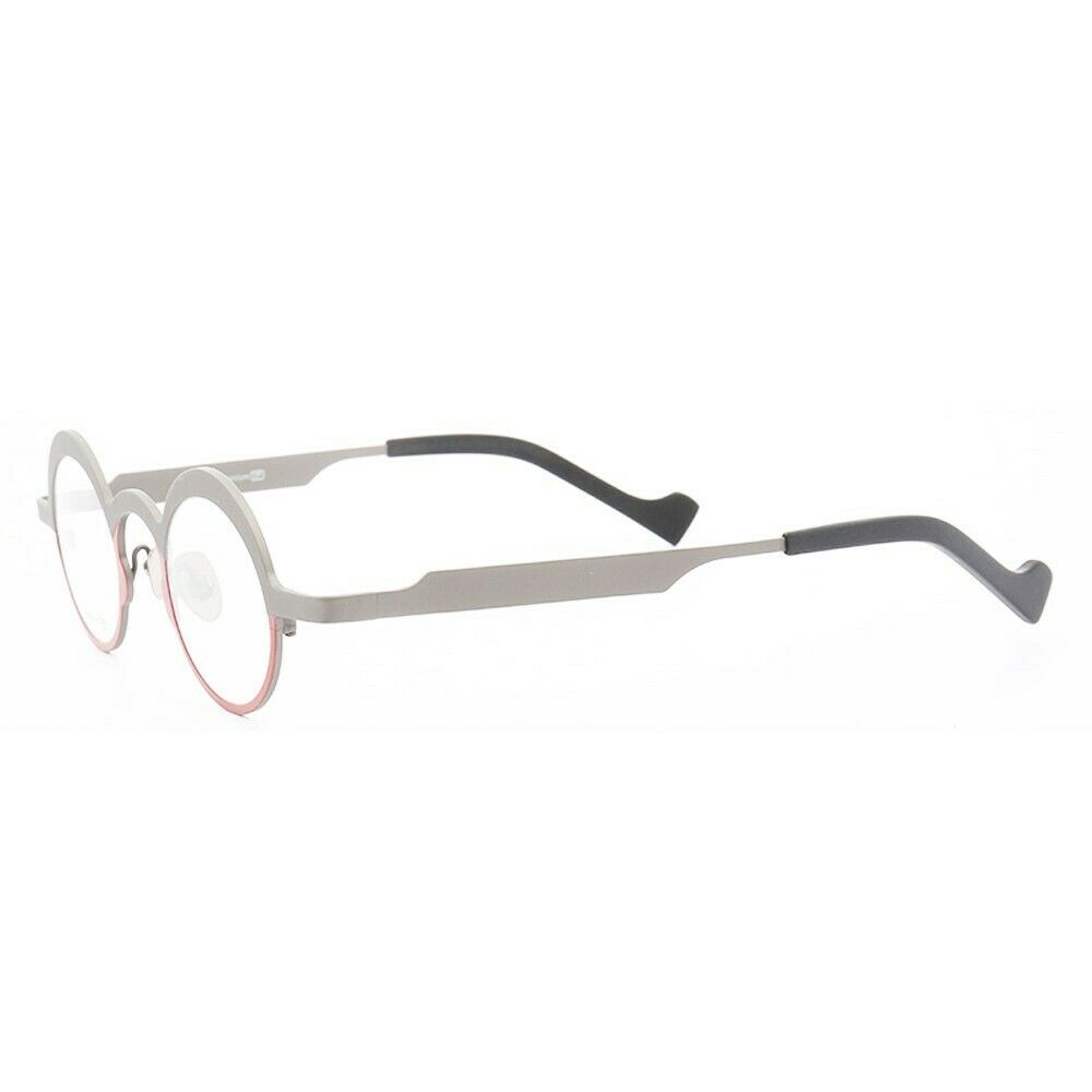 Side view of grey and red round titanium eyeglasses