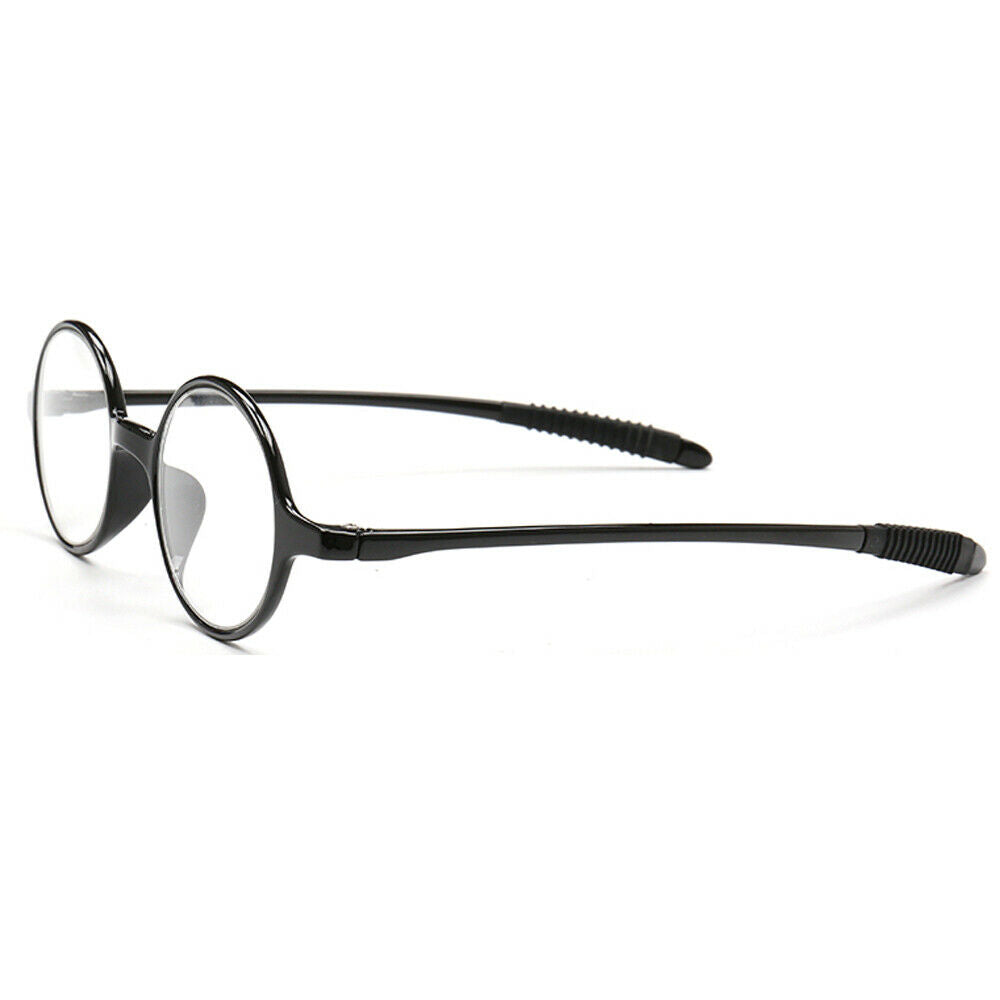 Side view of round black reading glasses
