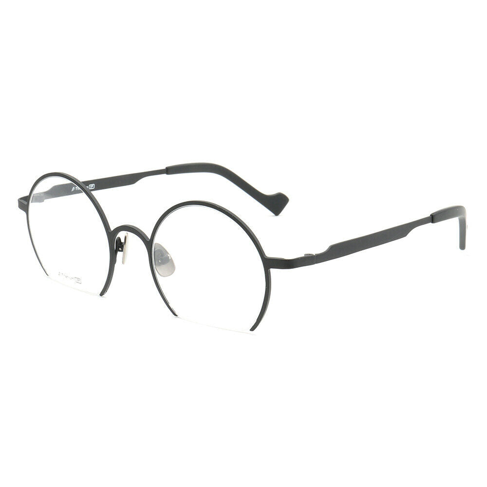 Side view of black round half rim eyeglasses