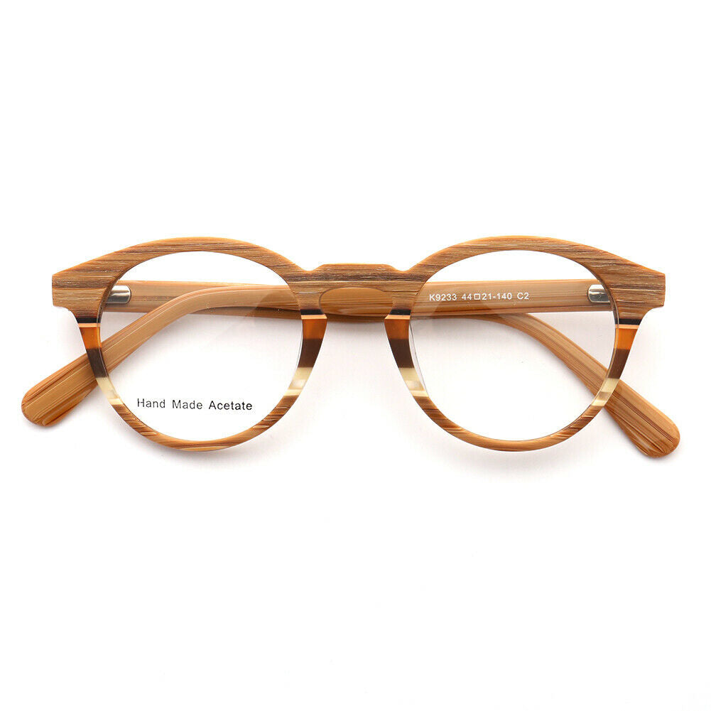 Front view of brown striped acetate eyeglasses