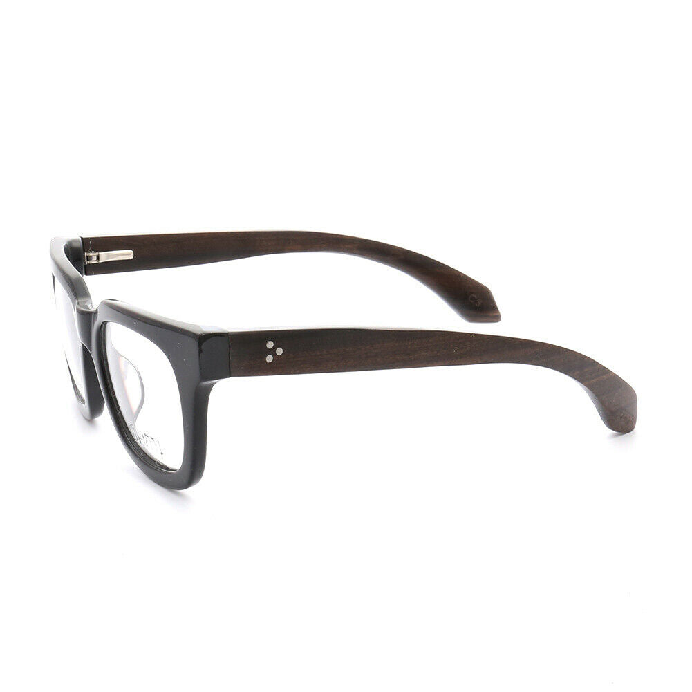 Side view of glossy black oversized wooden eyeglass frames