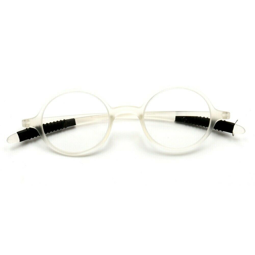 A pair of clear round reading glasses