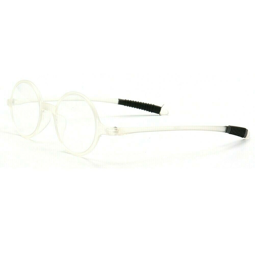 Side view of round clear reading glasses