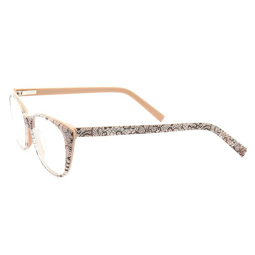 Side view of beige patterned cat eye glasses