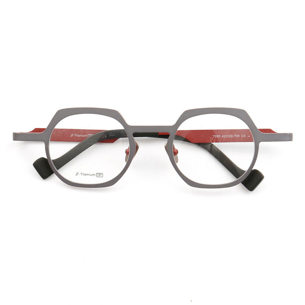 Grey and red round titanium eyeglasses frames