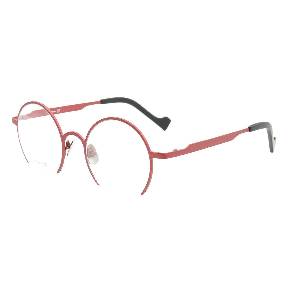 Side view of red round half rim eyeglasses