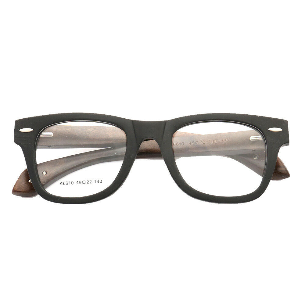 Front view of matte black wooden eyeglasses