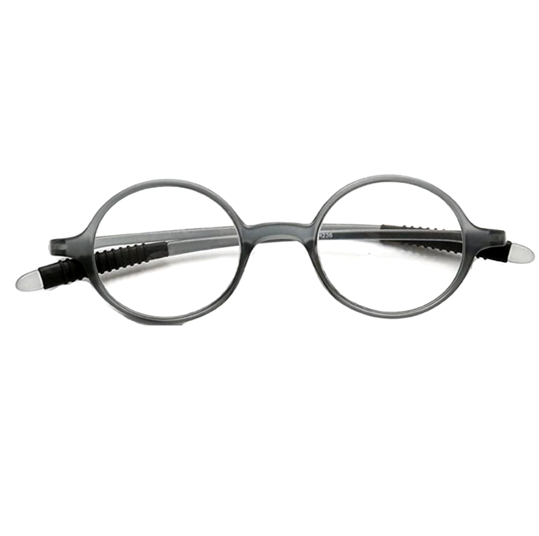 A pair of grey round reading glasses