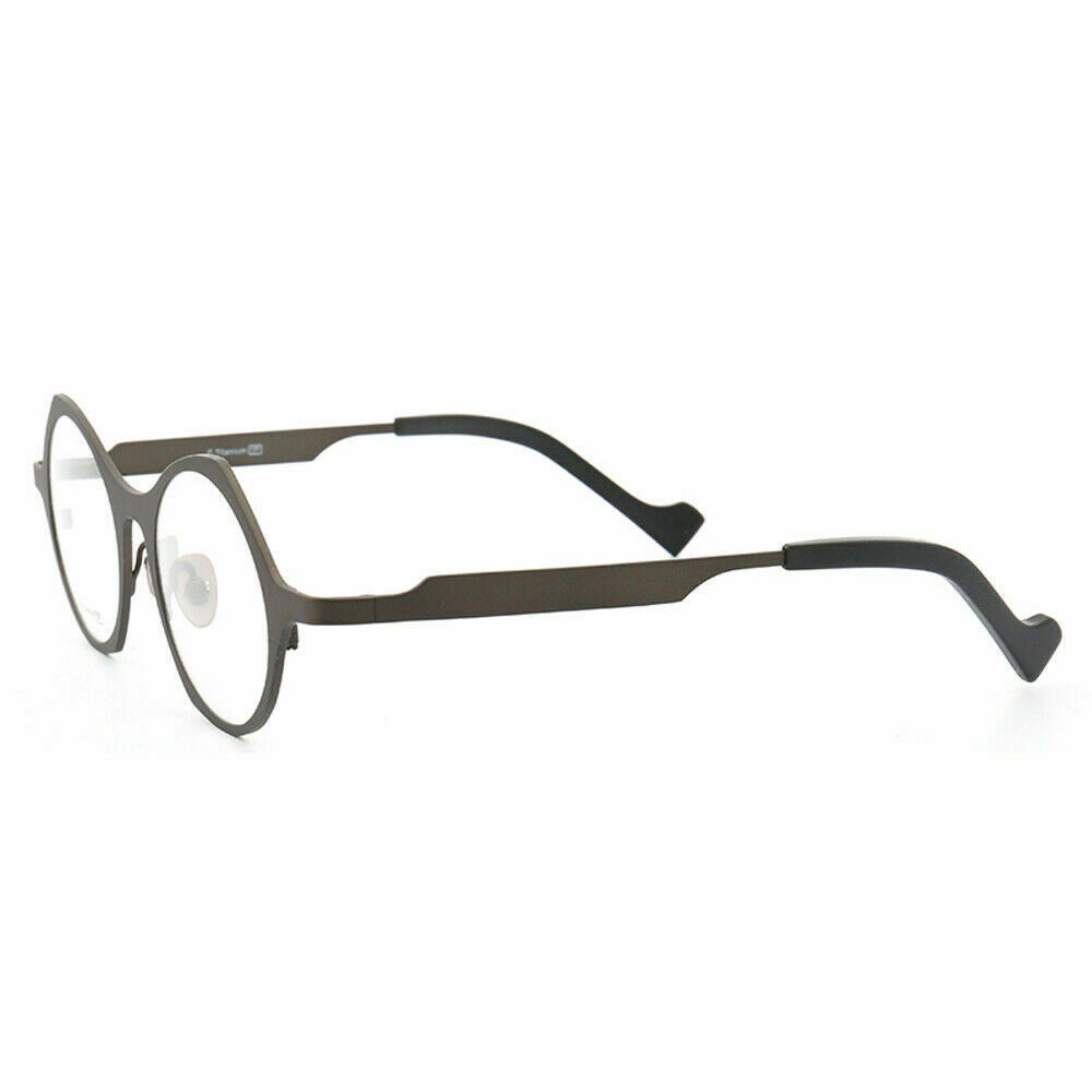 Side view of gunmetal colored round titanium eyeglasses