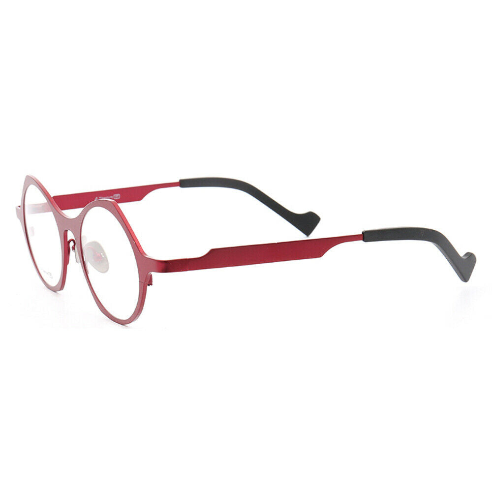 Side view of red round titanium eyeglasses