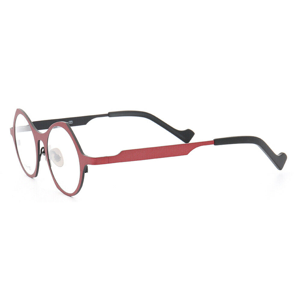 Side view of red and black round titanium eyeglasses