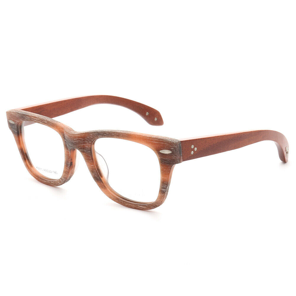 A pair of auburn colored wooden eyeglasses