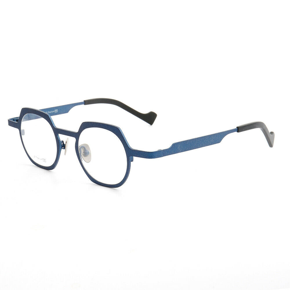 Side view of blue round titanium eyeglasses frames