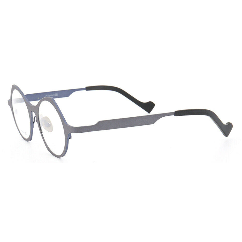 Side view of grey and blue round titanium eyeglasses