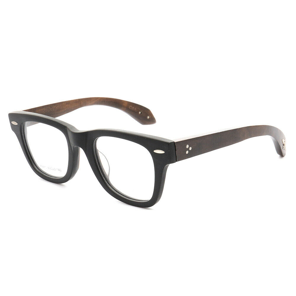 A pair of matte black wooden eyeglasses